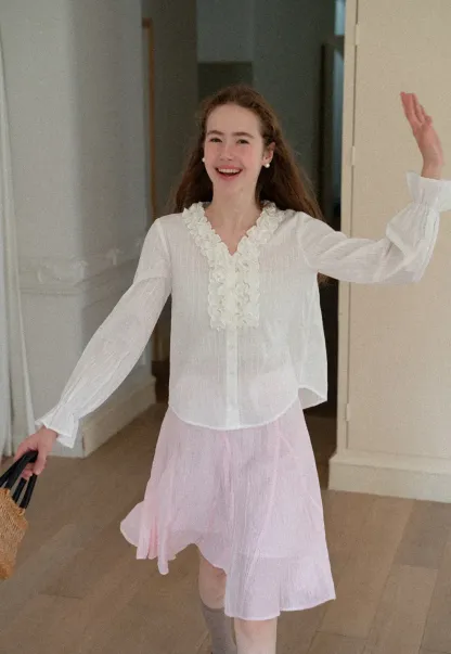Ruffled Collar Sheer Long Sleeve Shirt
