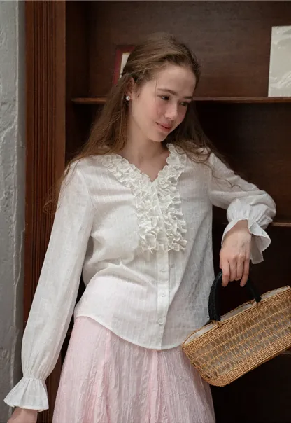 Ruffled Collar Sheer Long Sleeve Shirt