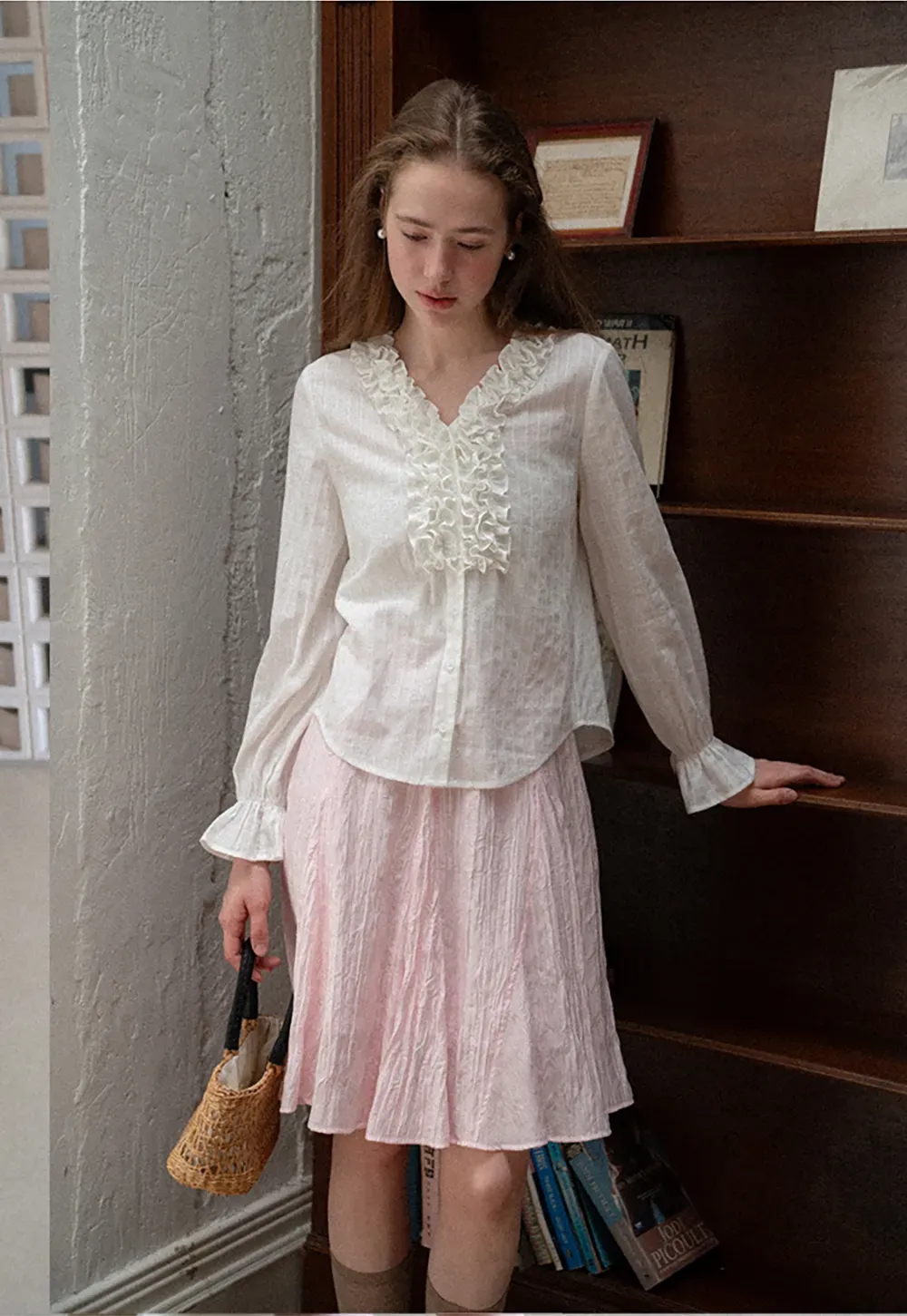 Ruffled Collar Sheer Long Sleeve Shirt