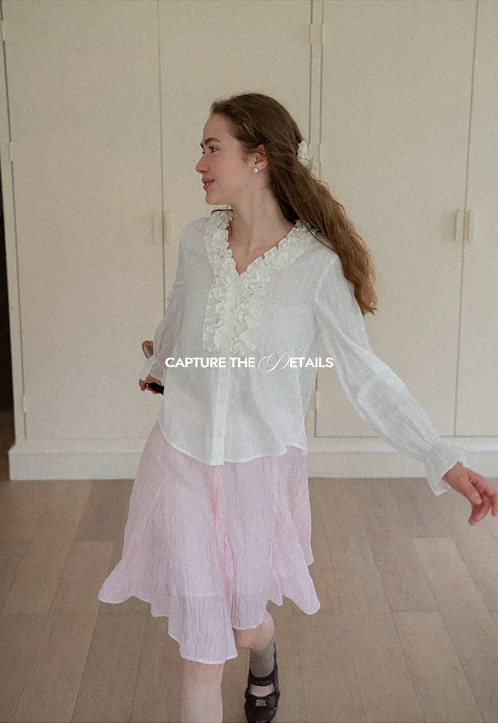 Ruffled Collar Sheer Long Sleeve Shirt