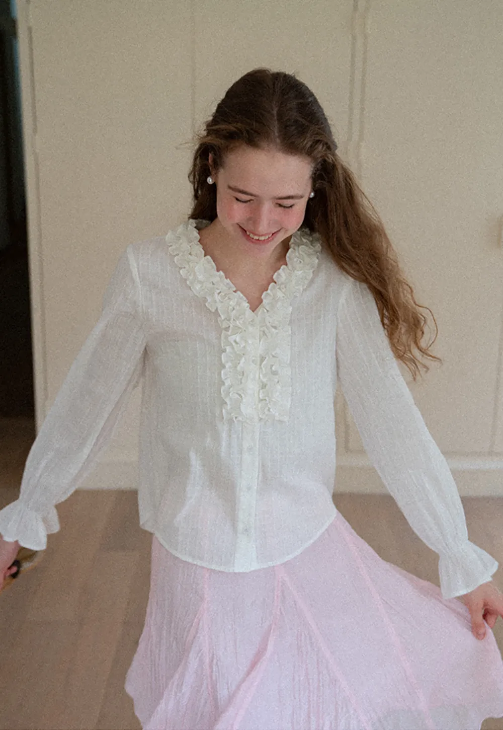 Ruffled Collar Sheer Long Sleeve Shirt