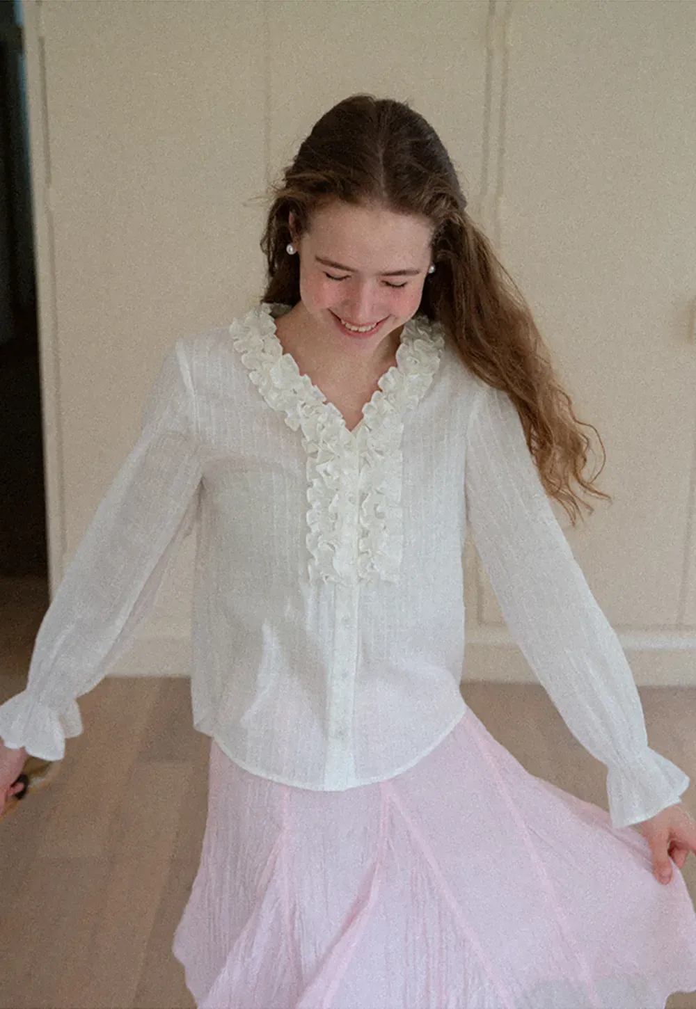 Ruffled Collar Sheer Long Sleeve Shirt