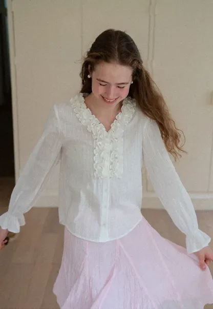Ruffled Collar Sheer Long Sleeve Shirt
