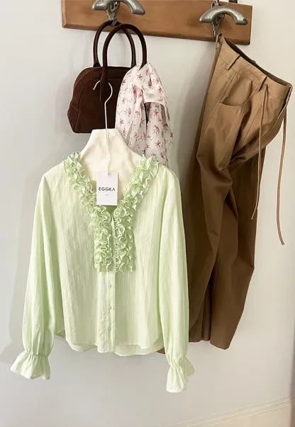 Ruffled Collar Sheer Long Sleeve Shirt