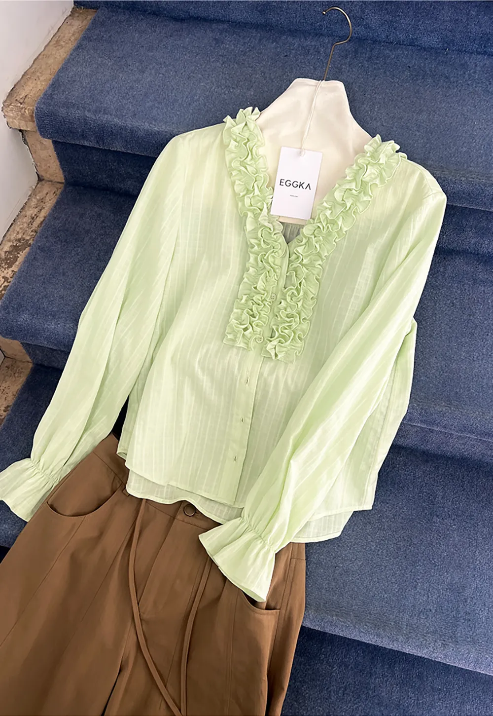 Ruffled Collar Sheer Long Sleeve Shirt