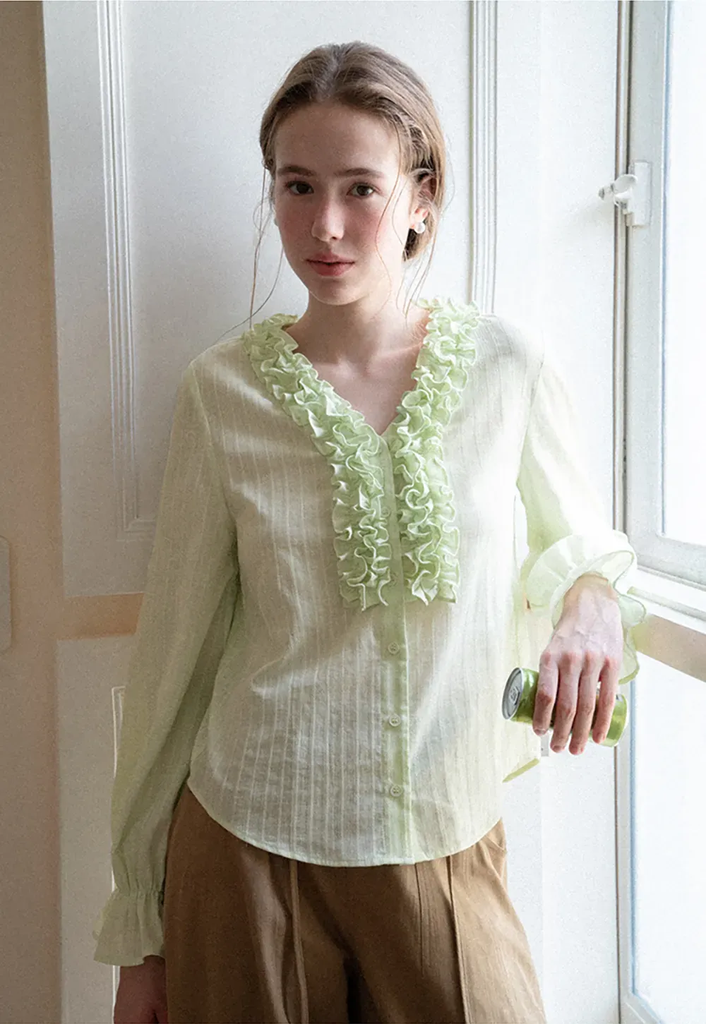 Ruffled Collar Sheer Long Sleeve Shirt