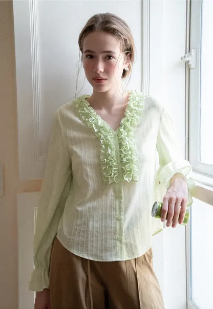 Ruffled Collar Sheer Long Sleeve Shirt