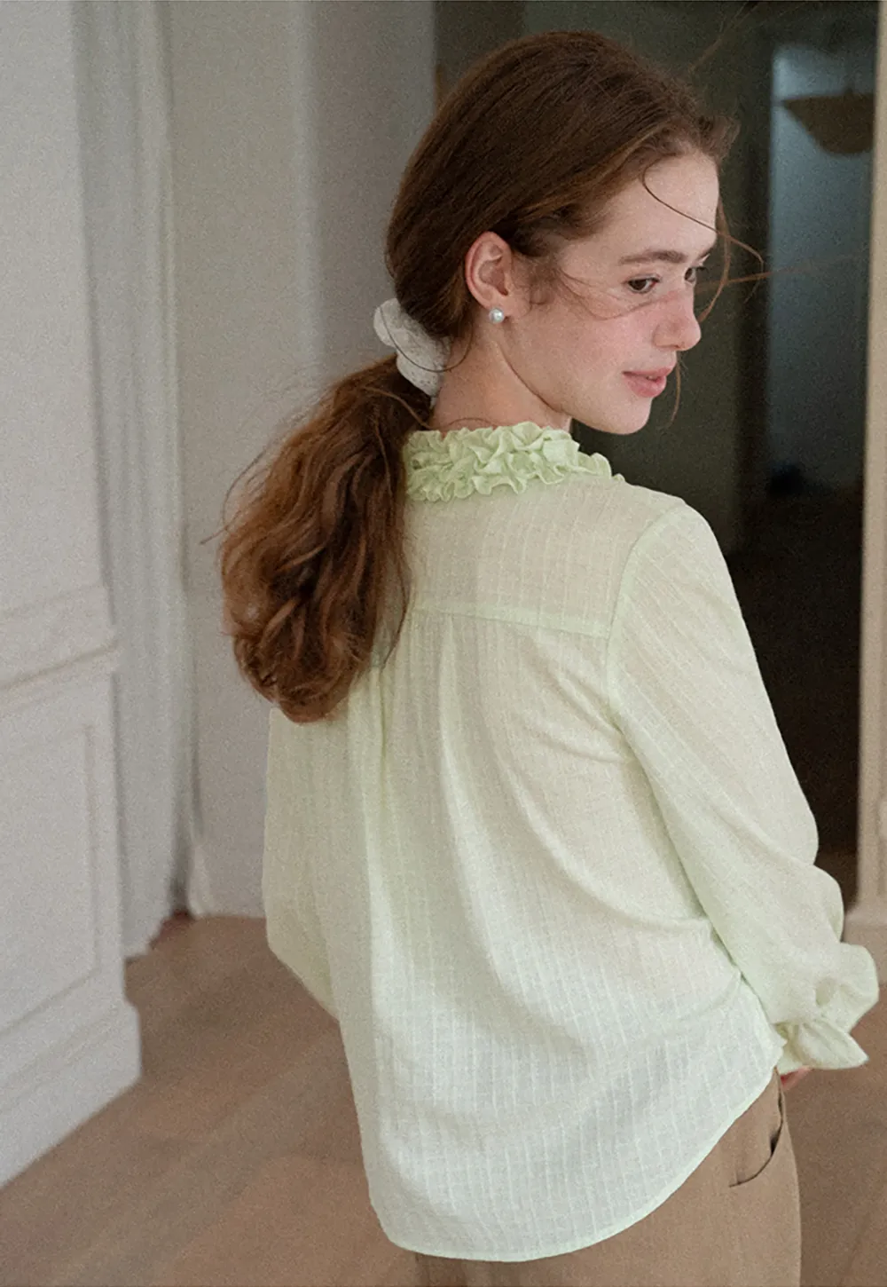 Ruffled Collar Sheer Long Sleeve Shirt