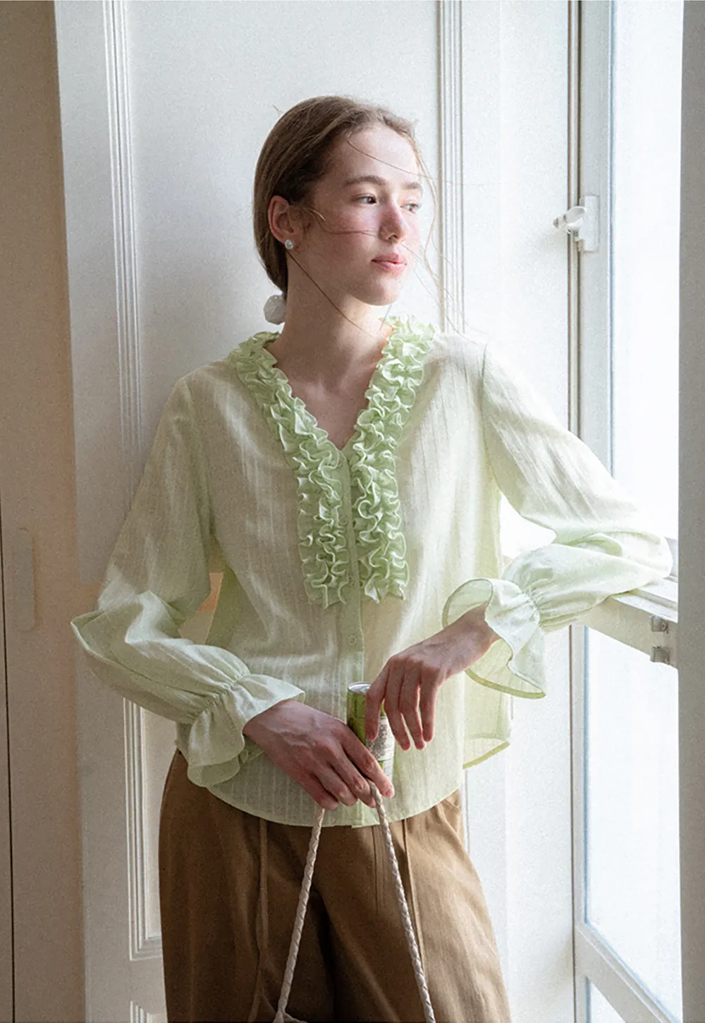 Ruffled Collar Sheer Long Sleeve Shirt