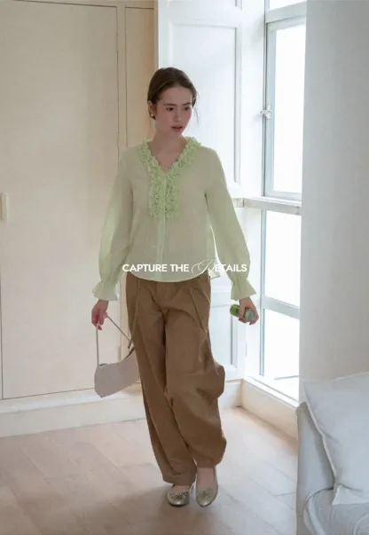 Ruffled Collar Sheer Long Sleeve Shirt