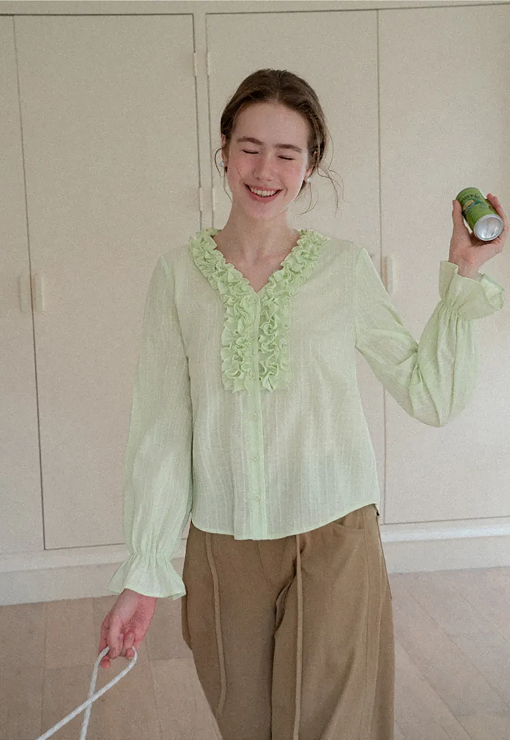 Ruffled Collar Sheer Long Sleeve Shirt