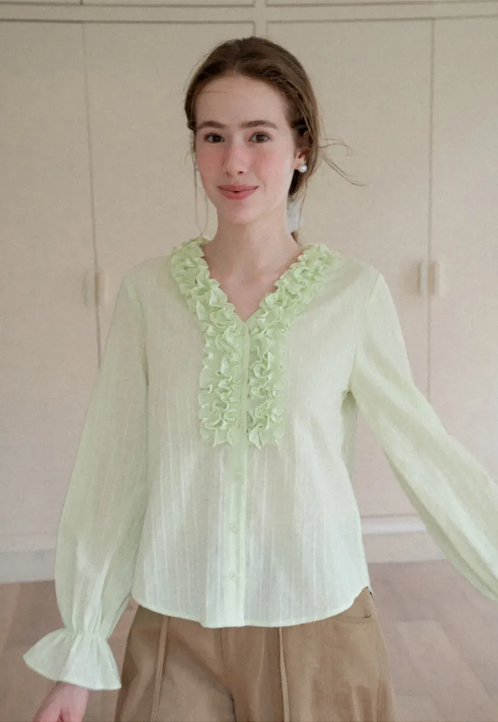 Ruffled Collar Sheer Long Sleeve Shirt