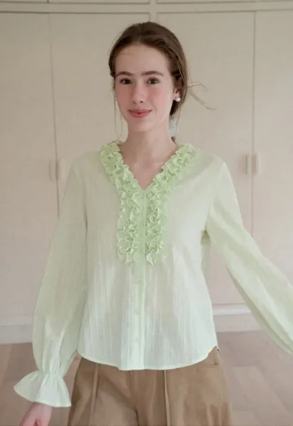 Ruffled Collar Sheer Long Sleeve Shirt