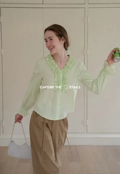 Ruffled Collar Sheer Long Sleeve Shirt