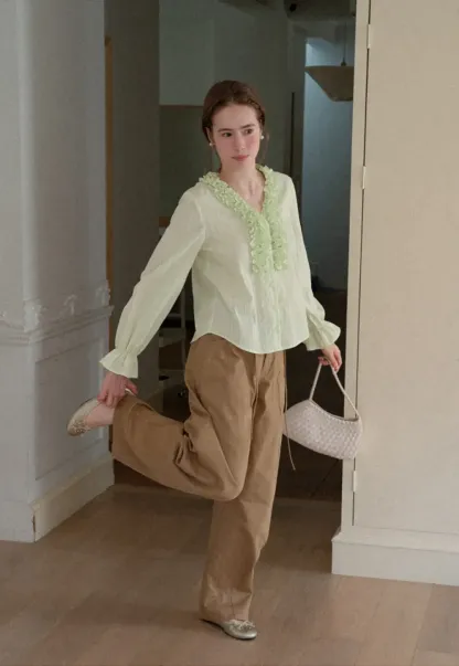 Ruffled Collar Sheer Long Sleeve Shirt