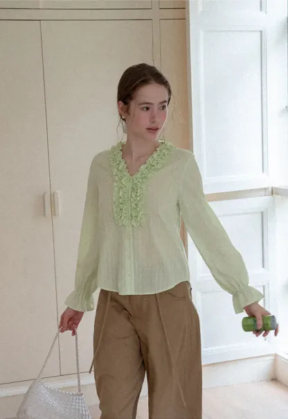 Ruffled Collar Sheer Long Sleeve Shirt