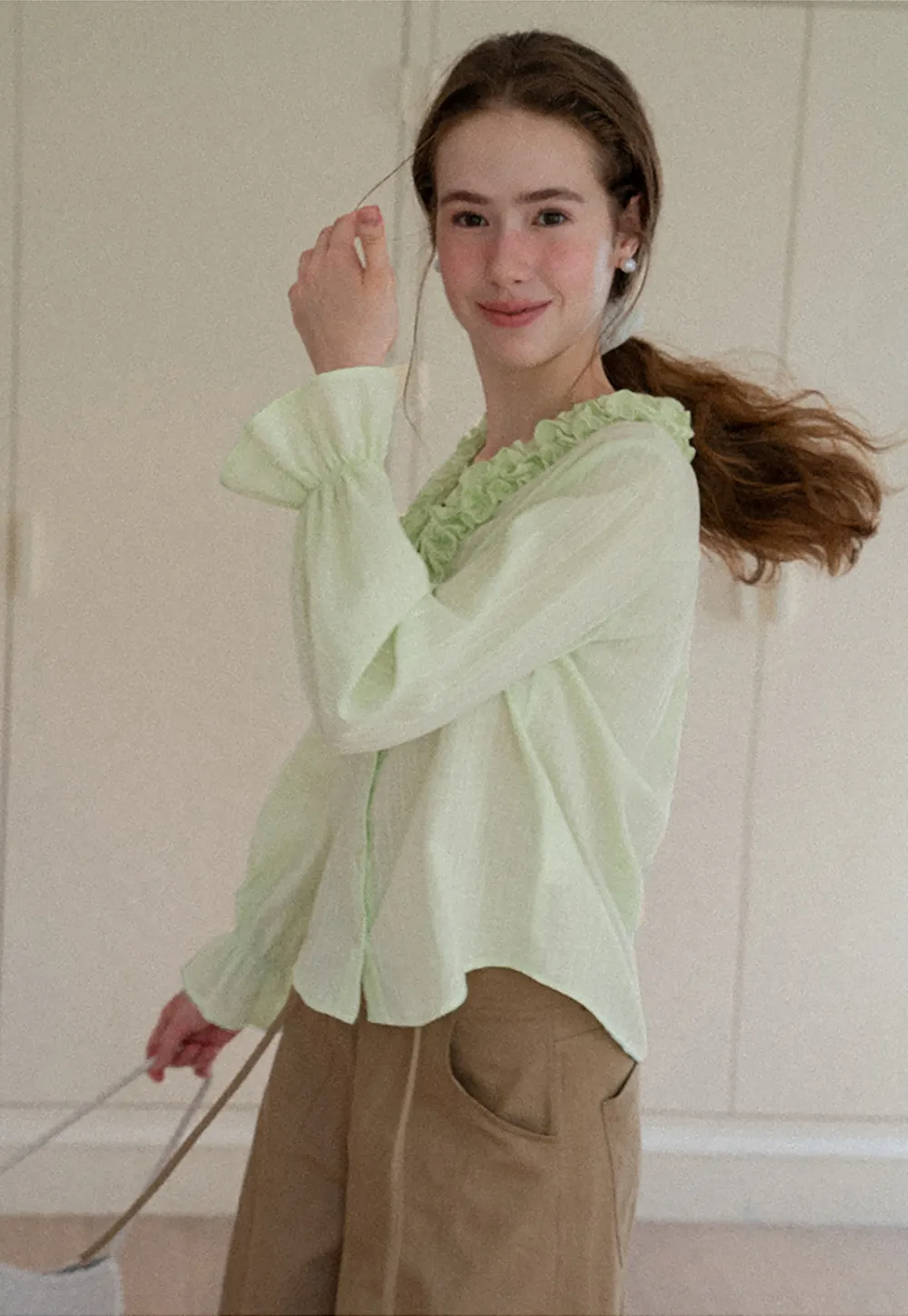 Ruffled Collar Sheer Long Sleeve Shirt