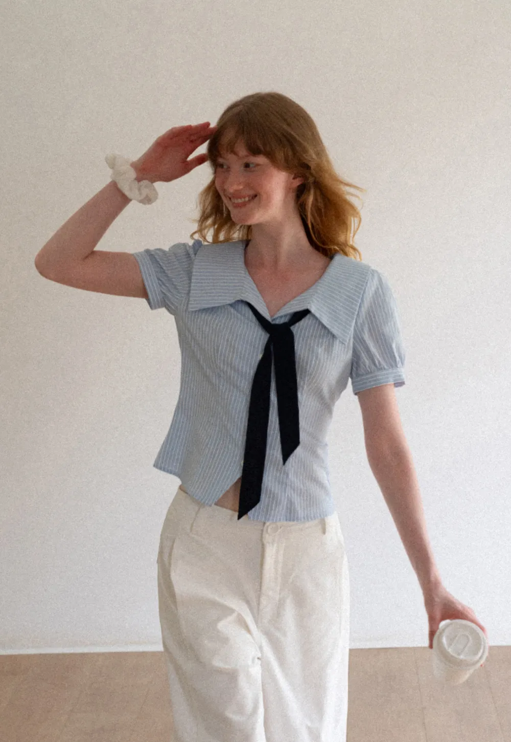 Striped Short Sleeve Sailor Collar Cropped Shirt