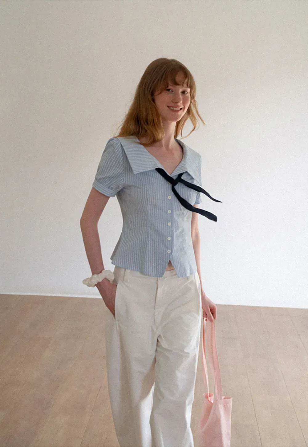 Striped Short Sleeve Sailor Collar Cropped Shirt