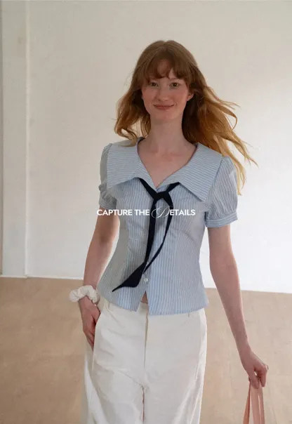 Striped Short Sleeve Sailor Collar Cropped Shirt