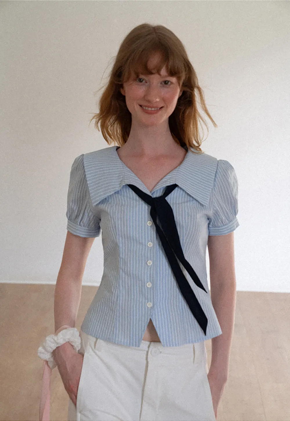Striped Short Sleeve Sailor Collar Cropped Shirt