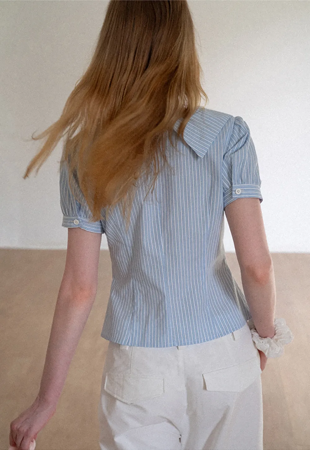 Striped Short Sleeve Sailor Collar Cropped Shirt