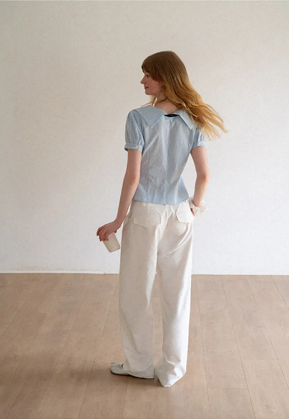 Striped Short Sleeve Sailor Collar Cropped Shirt