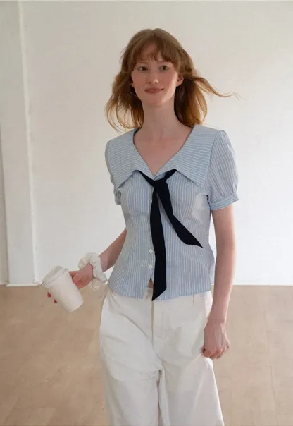 Striped Short Sleeve Sailor Collar Cropped Shirt
