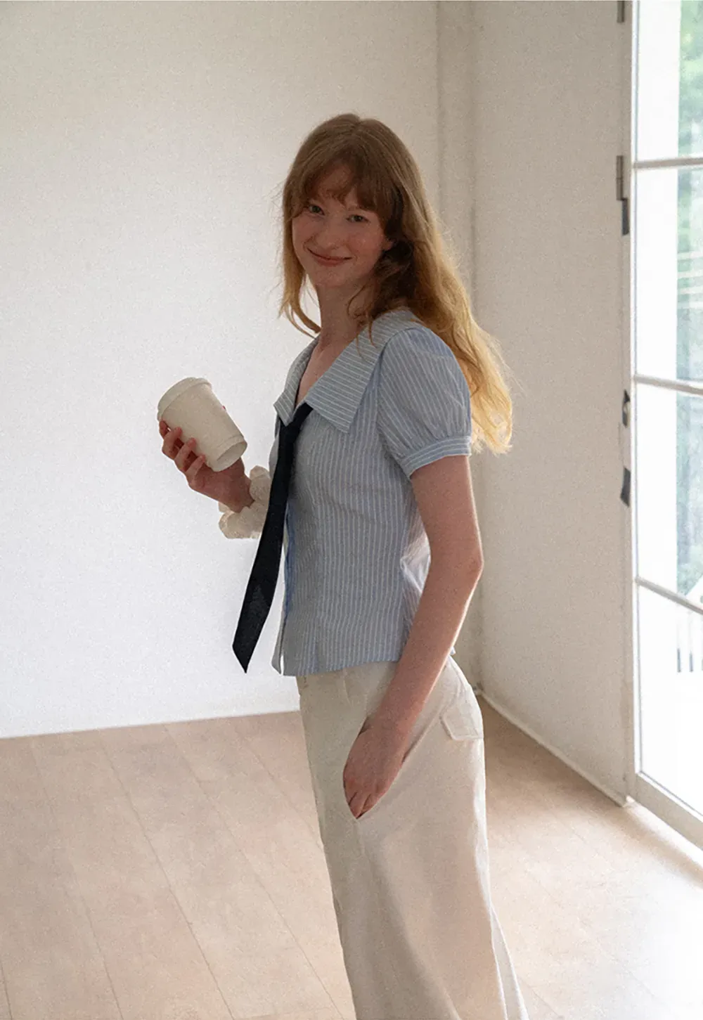 Striped Short Sleeve Sailor Collar Cropped Shirt