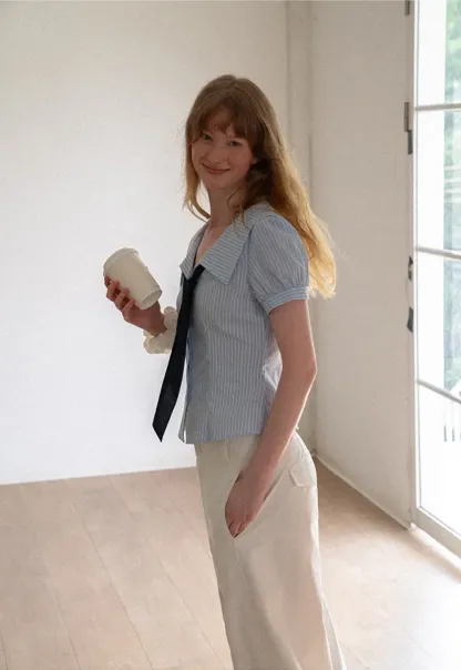 Striped Short Sleeve Sailor Collar Cropped Shirt