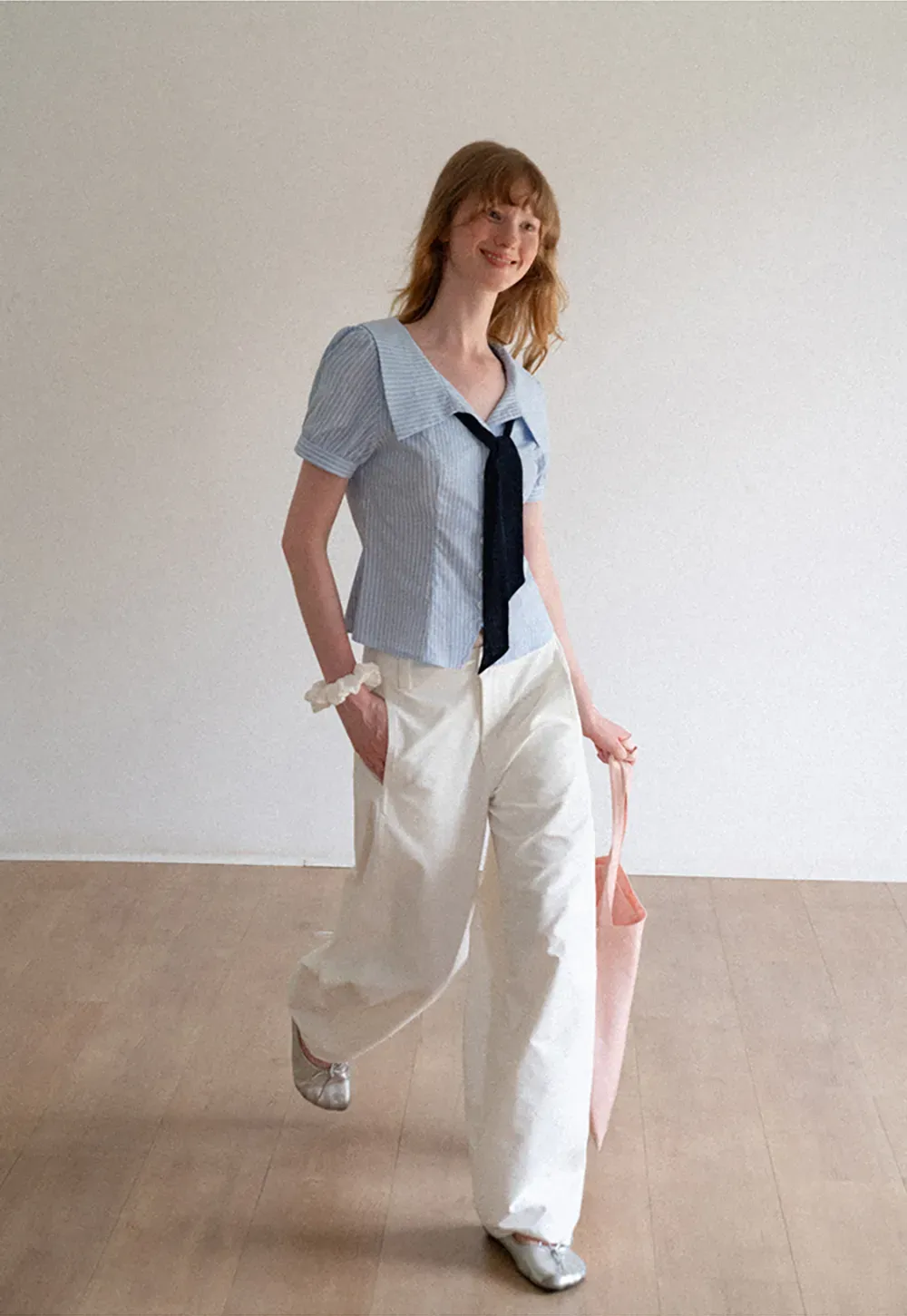Striped Short Sleeve Sailor Collar Cropped Shirt