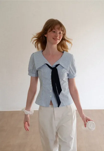 Striped Short Sleeve Sailor Collar Cropped Shirt