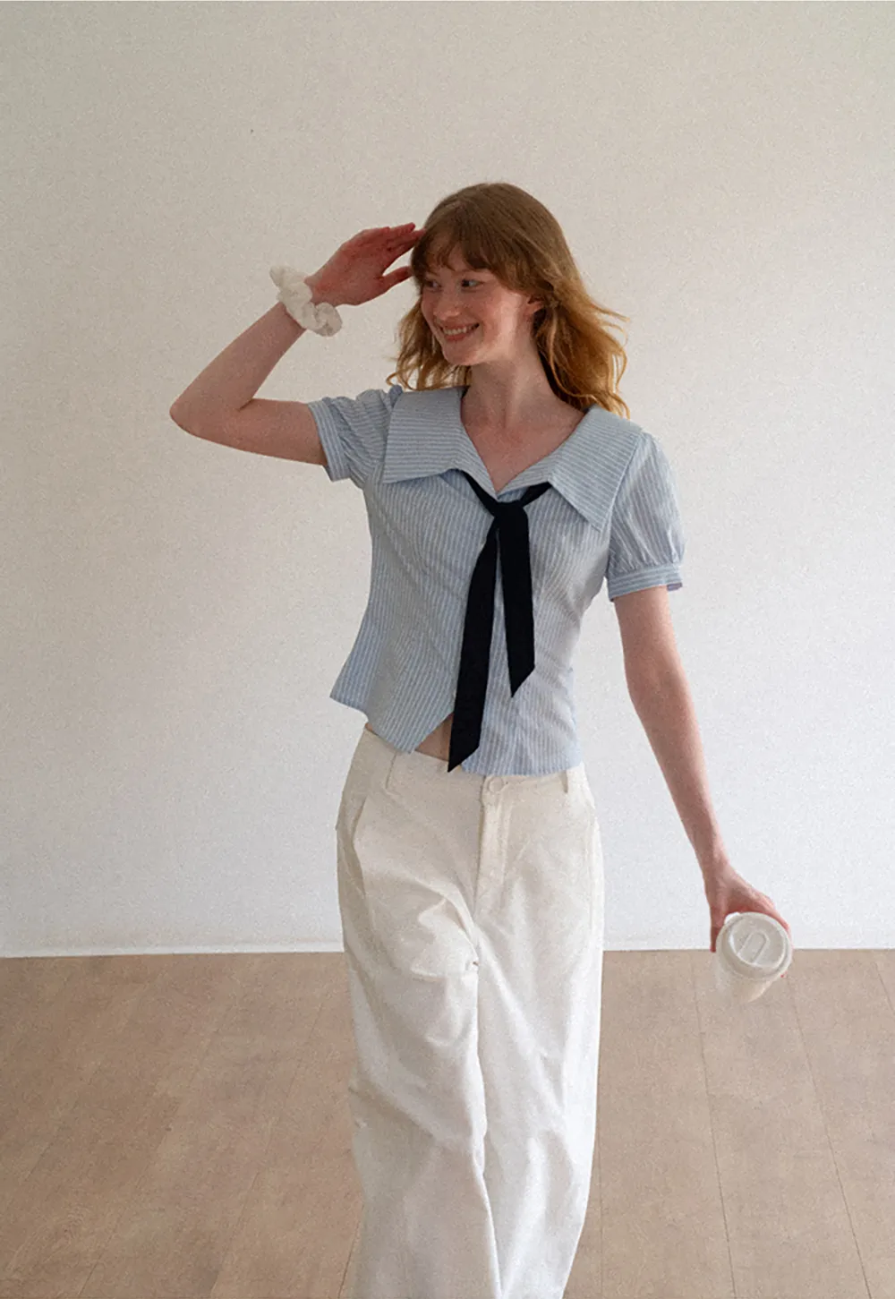 Striped Short Sleeve Sailor Collar Cropped Shirt
