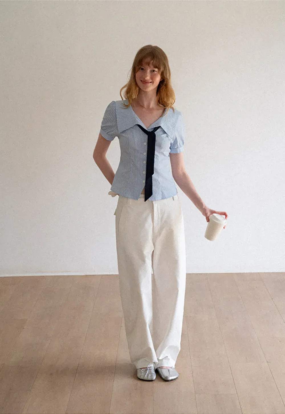 Striped Short Sleeve Sailor Collar Cropped Shirt