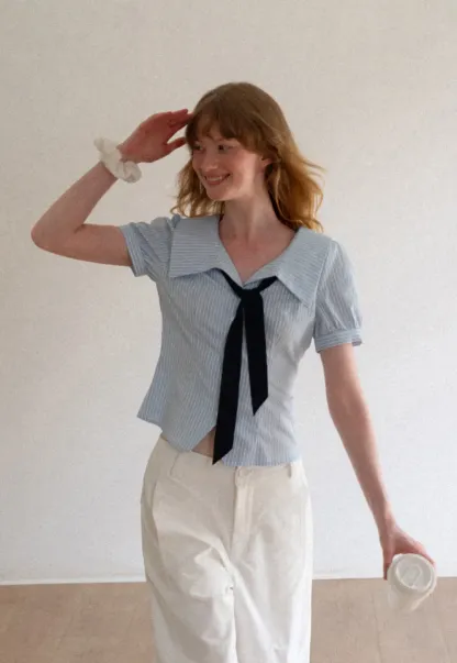 Striped Short Sleeve Sailor Collar Cropped Shirt