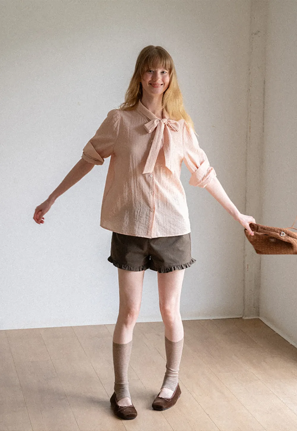 Bow Tie Neck Button Up Shirt