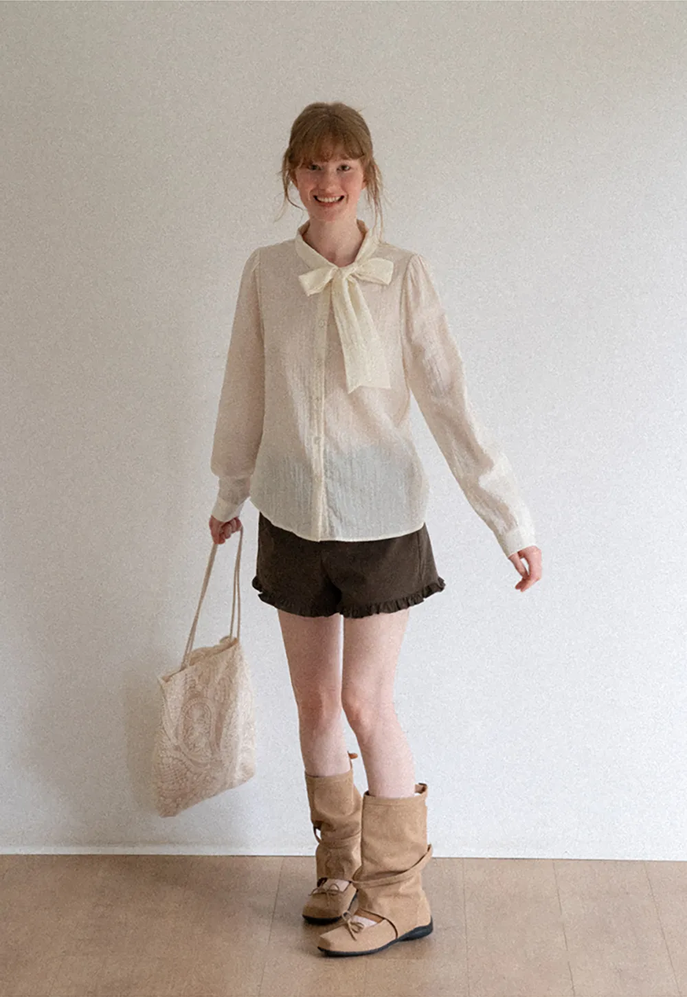 Bow Tie Neck Button Up Shirt