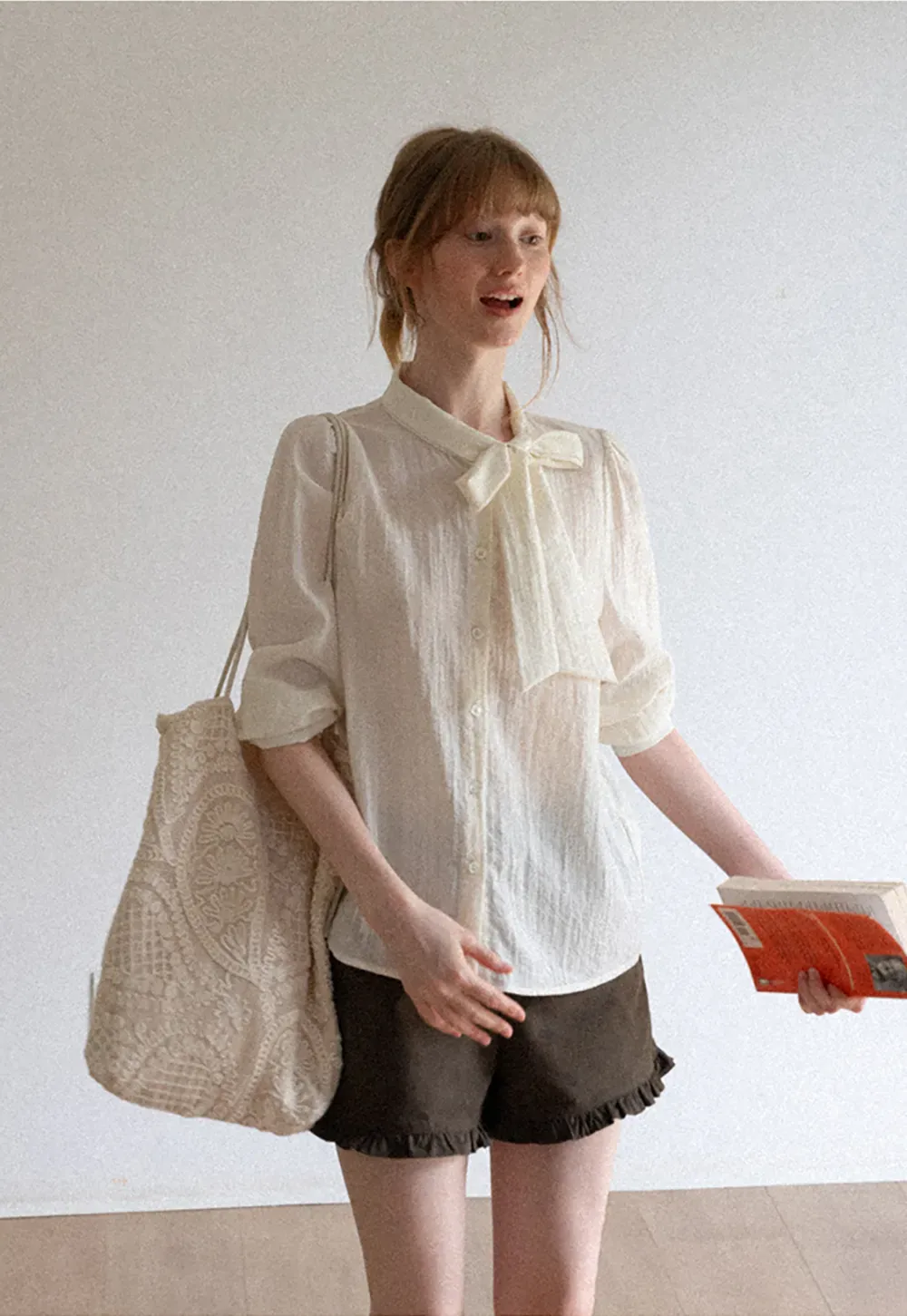 Bow Tie Neck Button Up Shirt