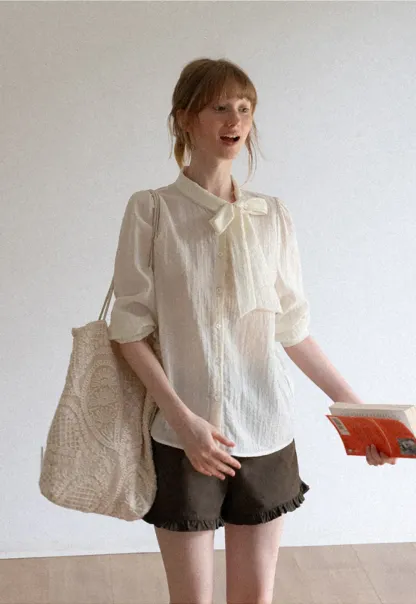 Bow Tie Neck Button Up Shirt