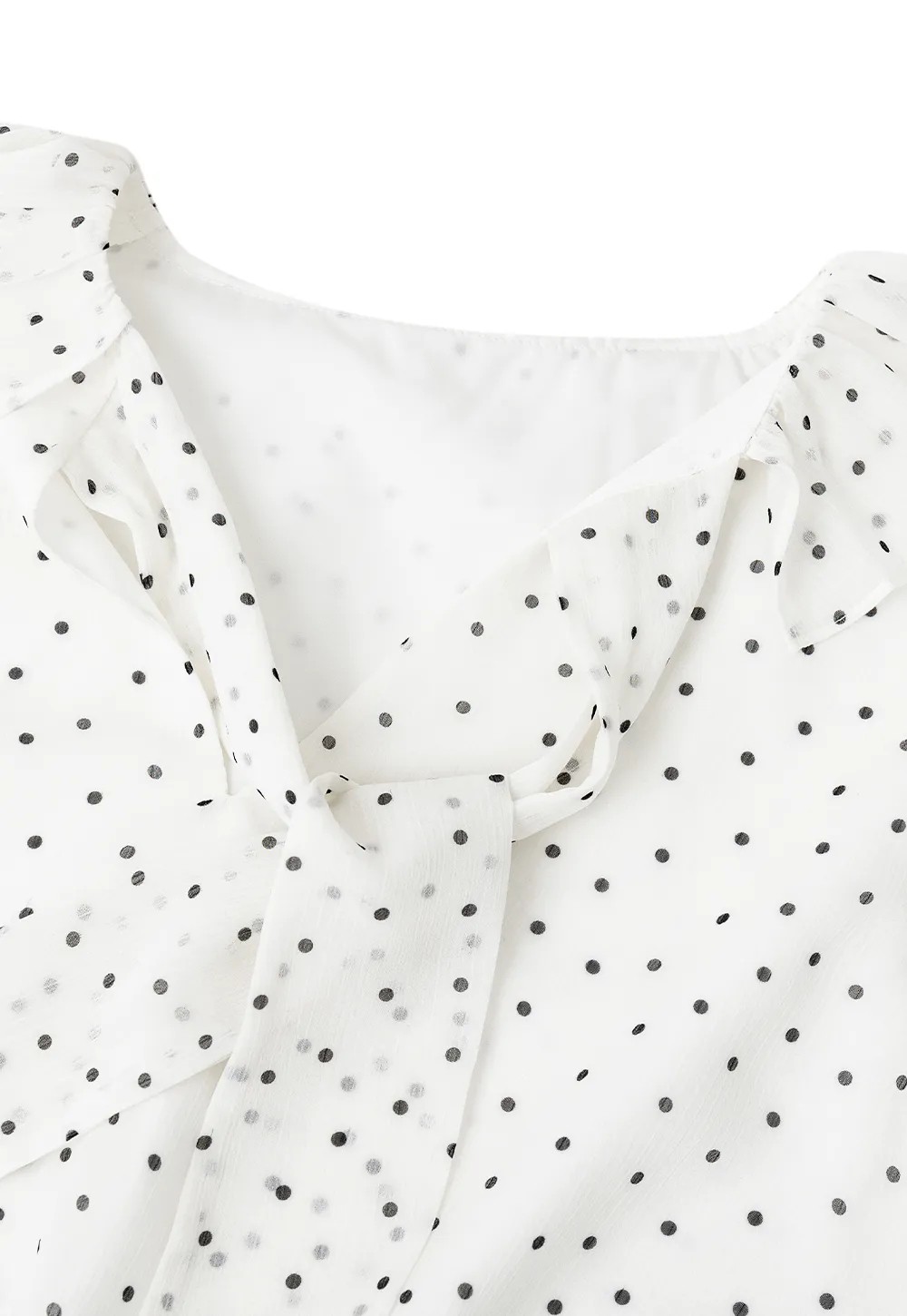 Polka Dot Sheer Blouse with Ruffled Collar and Tie Front