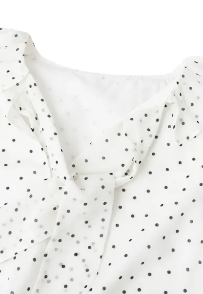 Polka Dot Sheer Blouse with Ruffled Collar and Tie Front