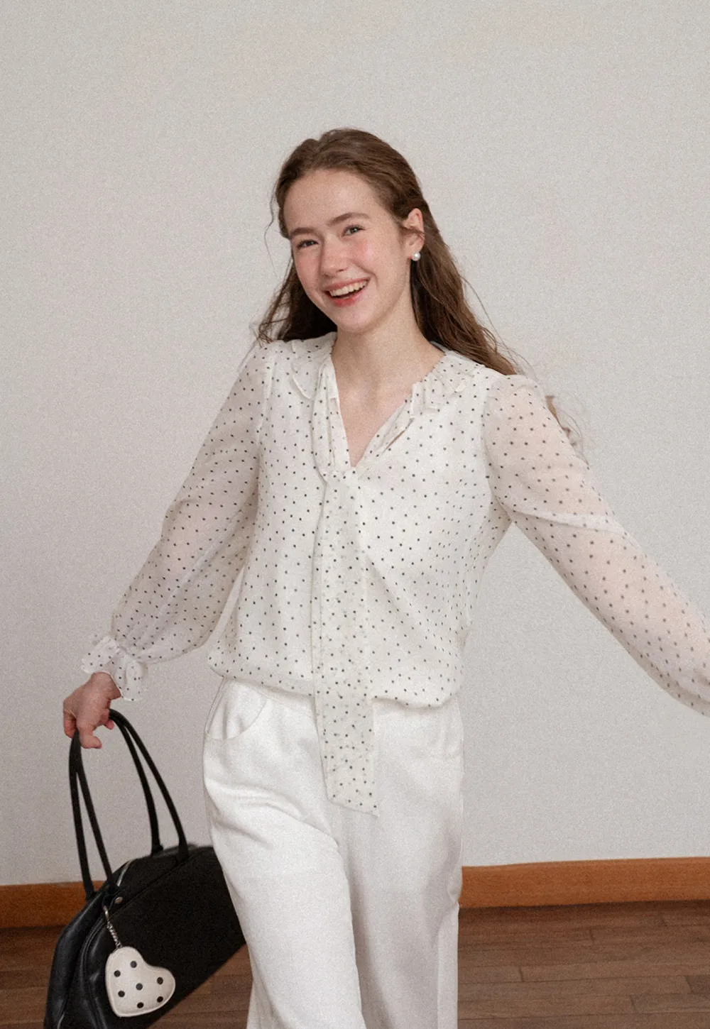 Polka Dot Sheer Blouse with Ruffled Collar and Tie Front