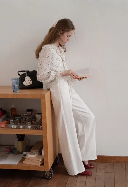 Polka Dot Sheer Blouse with Ruffled Collar and Tie Front