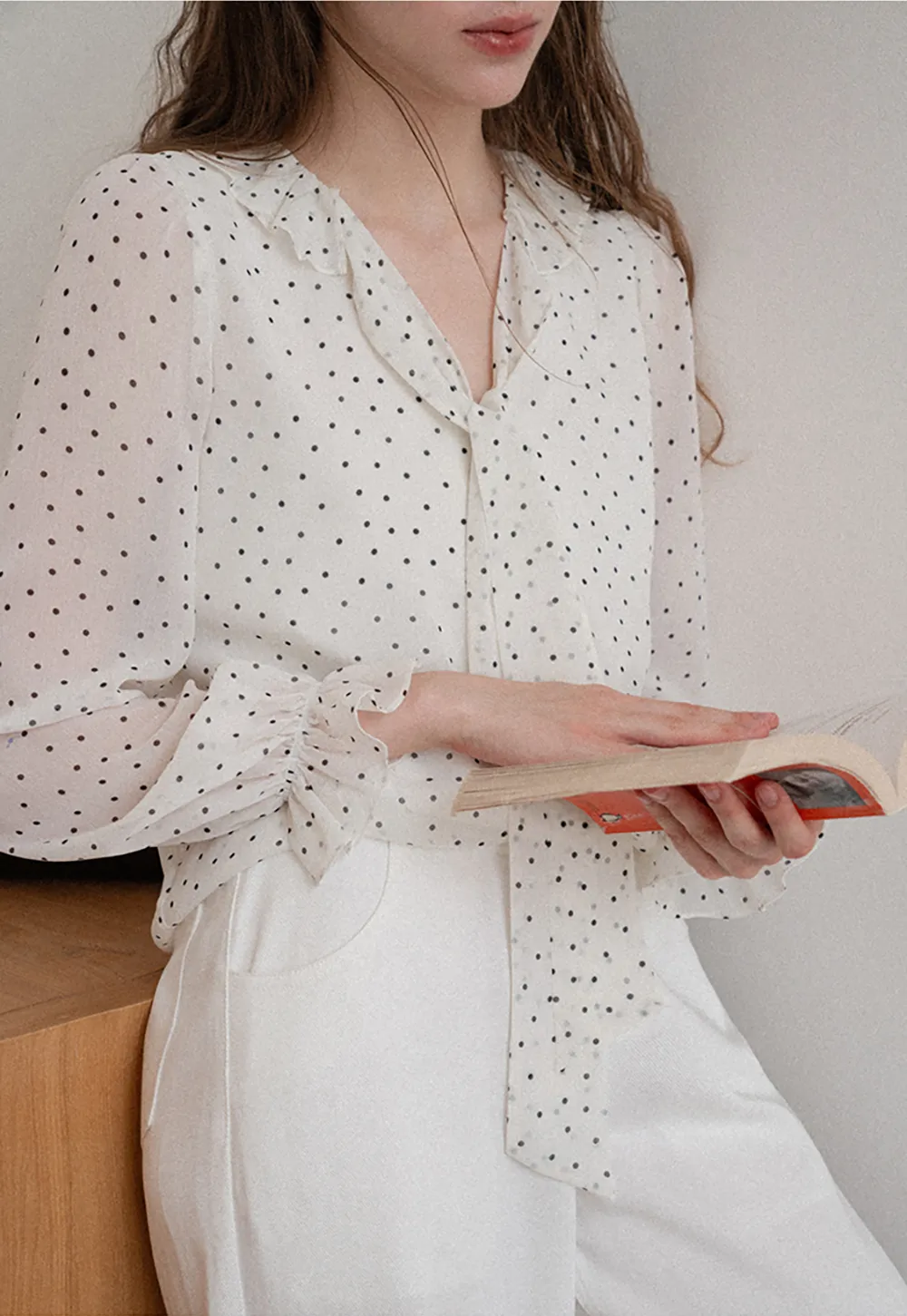 Polka Dot Sheer Blouse with Ruffled Collar and Tie Front