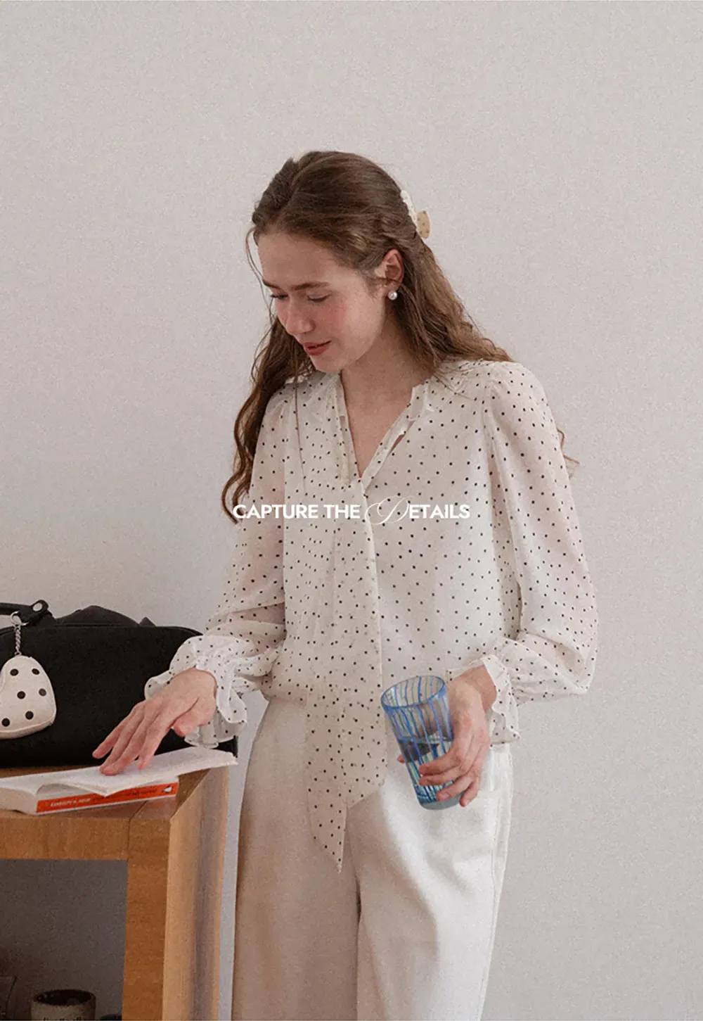 Polka Dot Sheer Blouse with Ruffled Collar and Tie Front