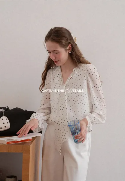 Polka Dot Sheer Blouse with Ruffled Collar and Tie Front