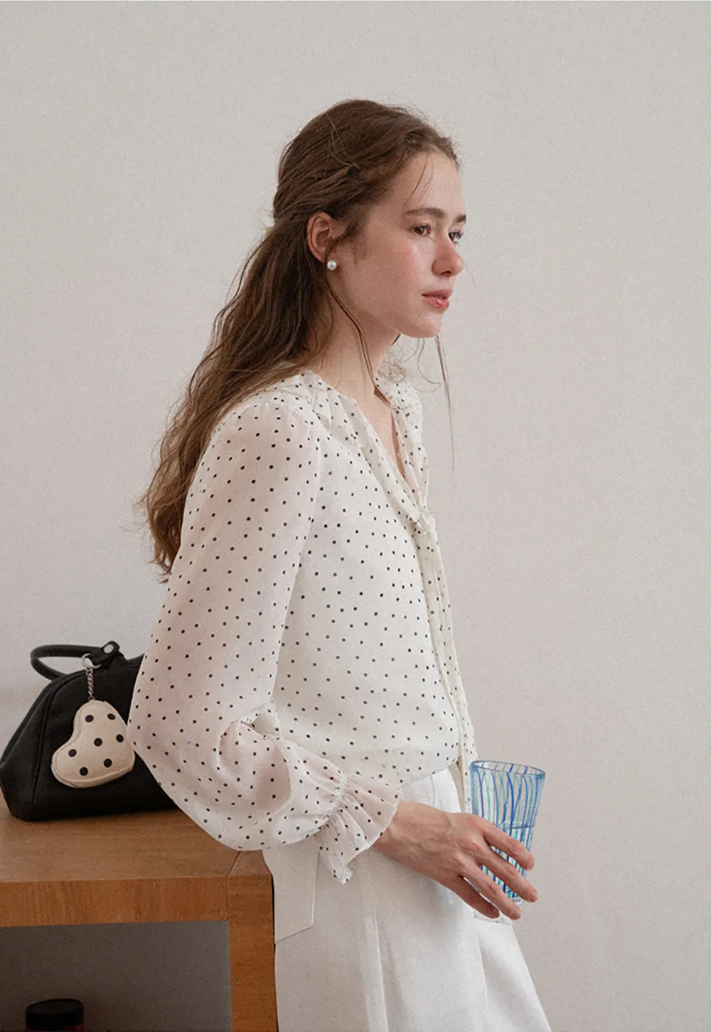 Polka Dot Sheer Blouse with Ruffled Collar and Tie Front