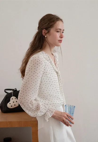 Polka Dot Sheer Blouse with Ruffled Collar and Tie Front