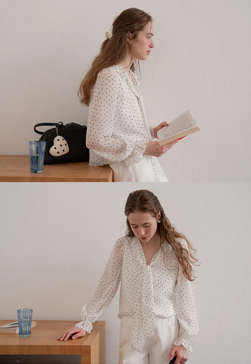 Polka Dot Sheer Blouse with Ruffled Collar and Tie Front
