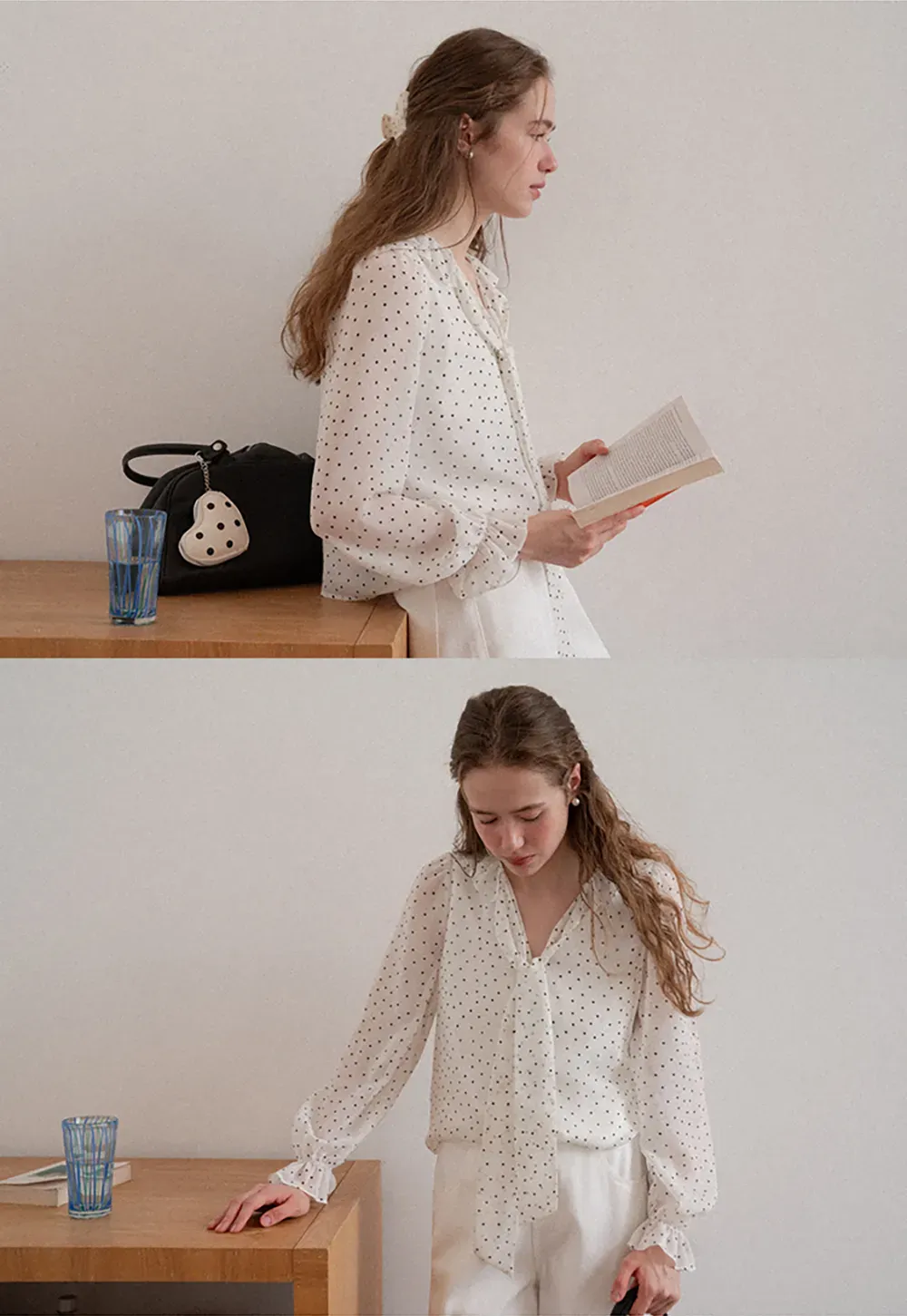 Polka Dot Sheer Blouse with Ruffled Collar and Tie Front